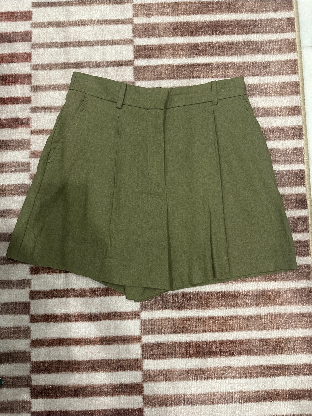 Zara Olive Pleated Linen-blend Shorts Women’s XS